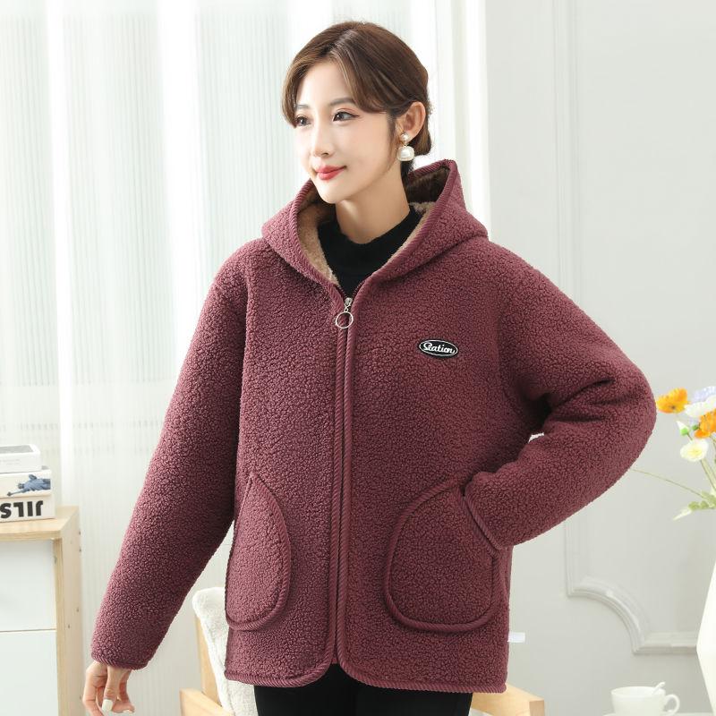 Granulowany polarowa kurtka zimowa plus aksamitne pogrubienie dla utrzymania ciepła w średnim i starszym wieku duży kołnierz z kapturem luźny duży rozmiar casual