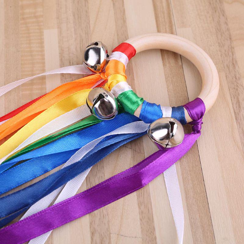 Rainbow Natural Wooden Ribbon Newborn Sensory Bell Toy Shower Gifts Dancing Prop