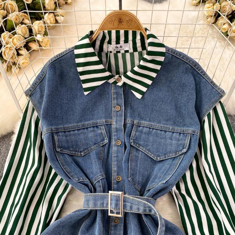 Korean Retro Women Denim Vest Shirt Spring Autumn Casual Loose Irregular Stitching Striped Fake Two