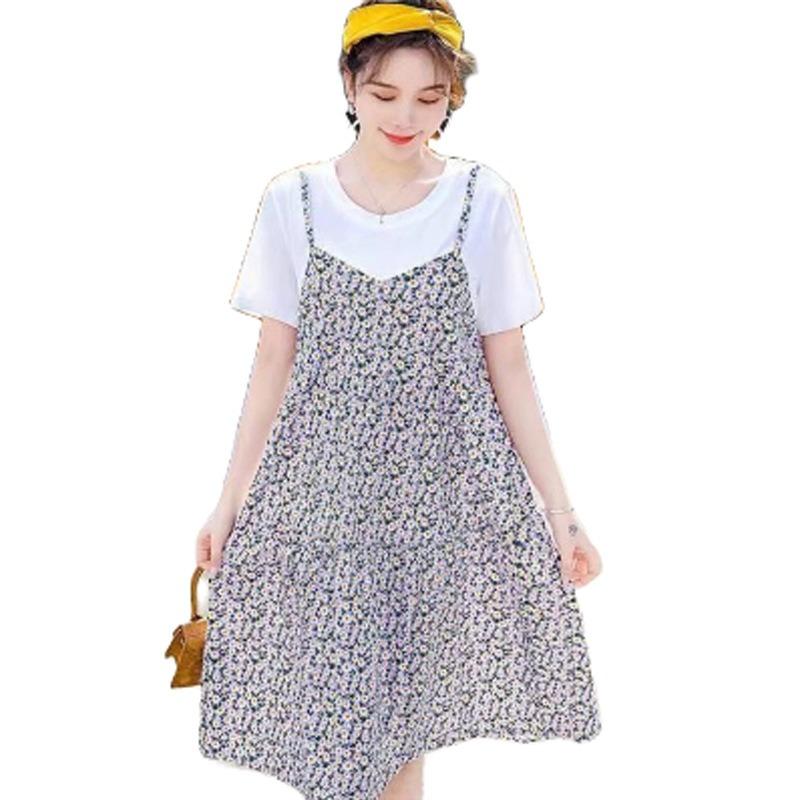 Maternity Clothes New Dress Floral Zou Ju Spring and Summer Thin Fake Two Loose Large Size Medium and Long T-shirt Skirt