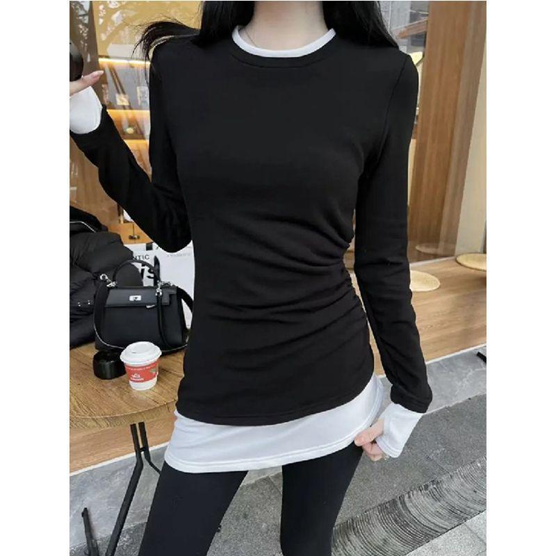 

Women s Plus Size Long-Sleeve Faux Two-Piece Fleece T-Shirt for Spring, Autumn, Winter S чёрный