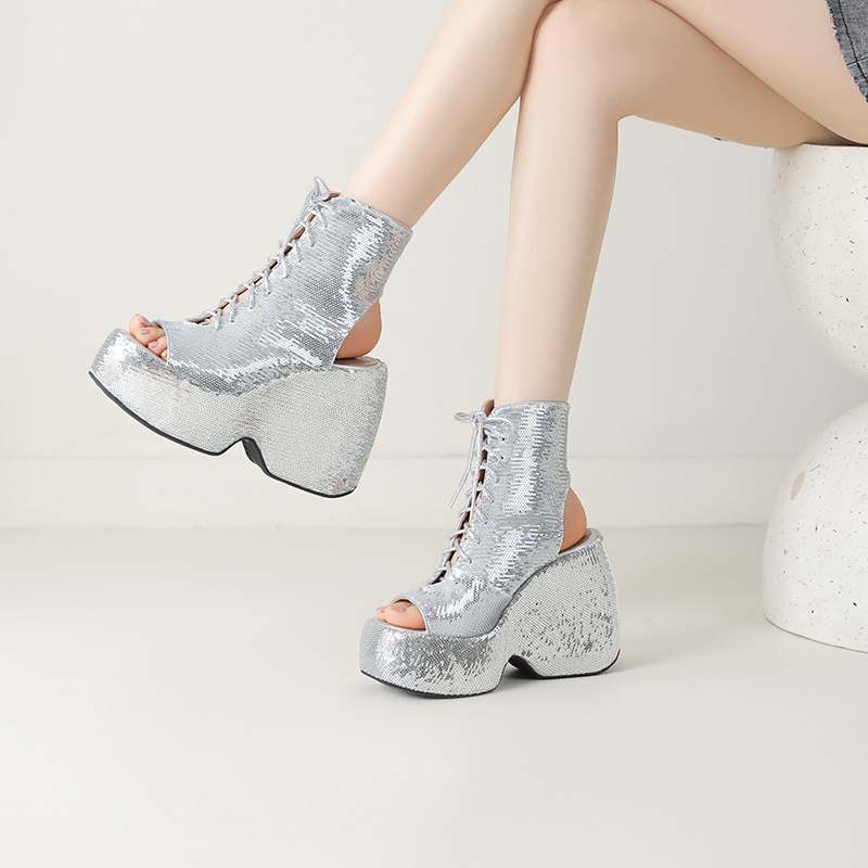 Krazing Pot Sequin Cloth Spring Summer Size 43 Size 42 Women Platform Women Peep Toe Toe Sexy Summer Boots Lace Up Pumps