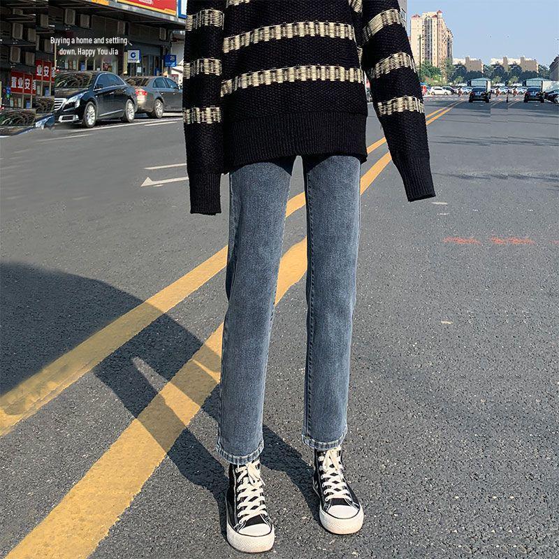 High-Waisted Slimming Velvet Straight-Leg Jeans for Women - Trendy Winter Cigarette Pants