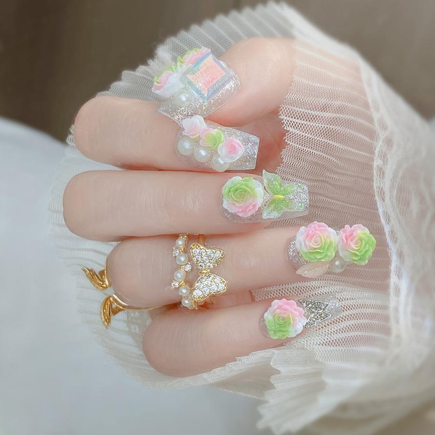 Wear nail finished product wholesale sweet and gentle rose bow nail piece long fake nail nail patch U52