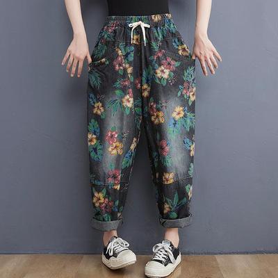 2025 Frühling Retro-Print Elastischer Bund Gewaschener Denim Haremshose für Damen