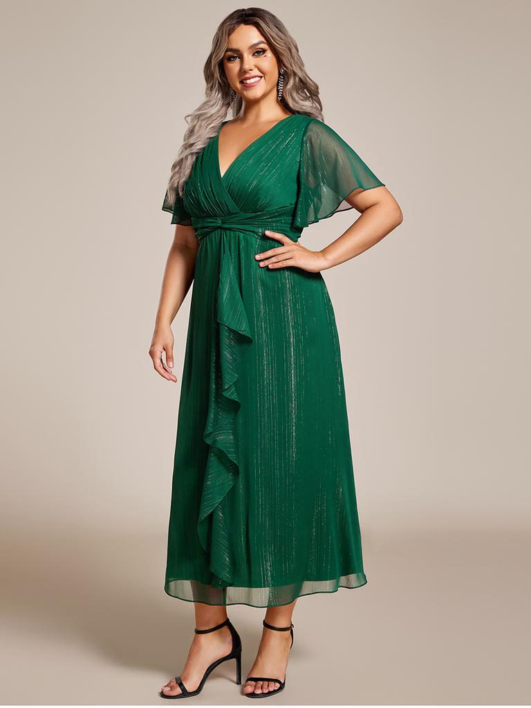 Ever-Pretty Women's Plus Size Shimmer Short Sleeve A-Line Midi Wedding Guest Dress with Ruffled Hem