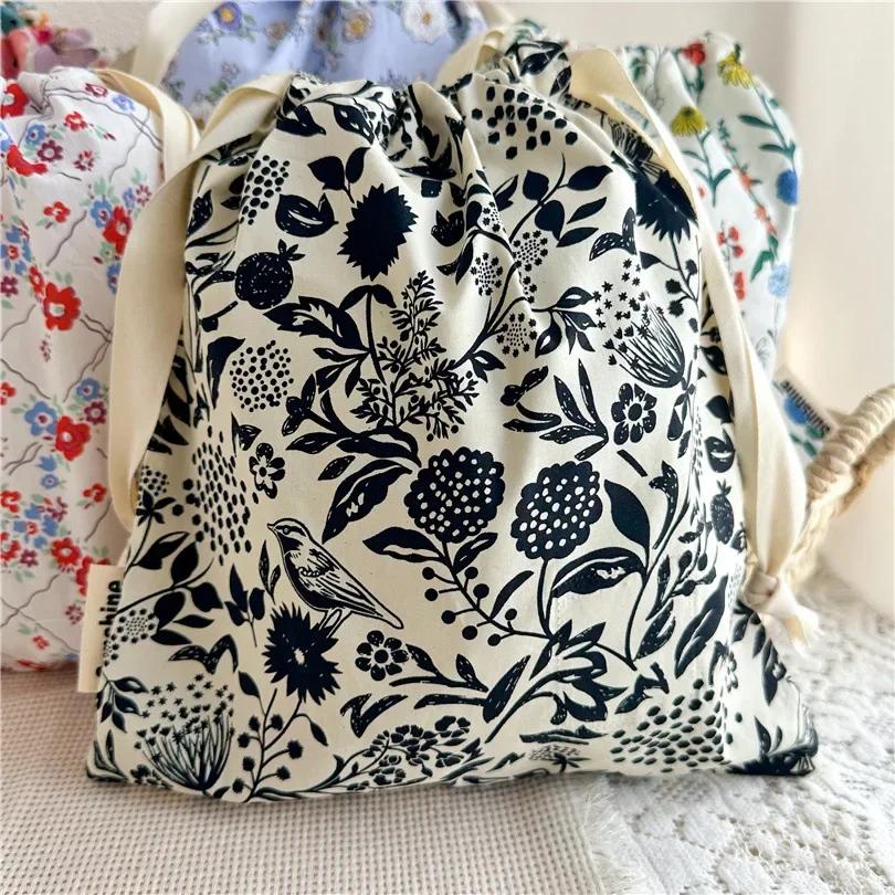 Portable Organizer for Underwear Socks Bra Cotton Makeup Bag Travel Drawstring Bags Ins Flower Print Clothes Cosmetic Bags