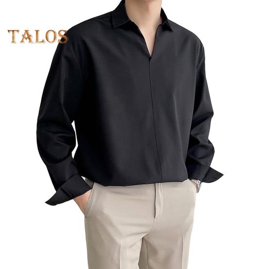 Herren Frühling Herbst Hemd V-Ausschnitt Revers Formales Bürohemd Seidig Locker Gerade Pullover Top Business Dating Party Hemd