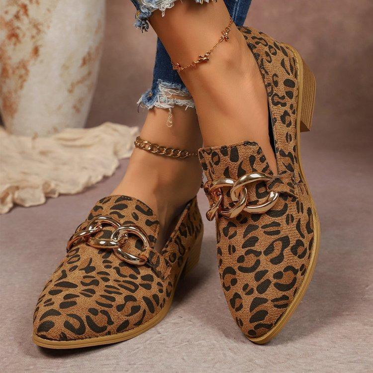 Large-Size Casual Flat Shoes – New Leopard Print European & American Pointed Toe Chunky Heel Slip-On Loafers for Women