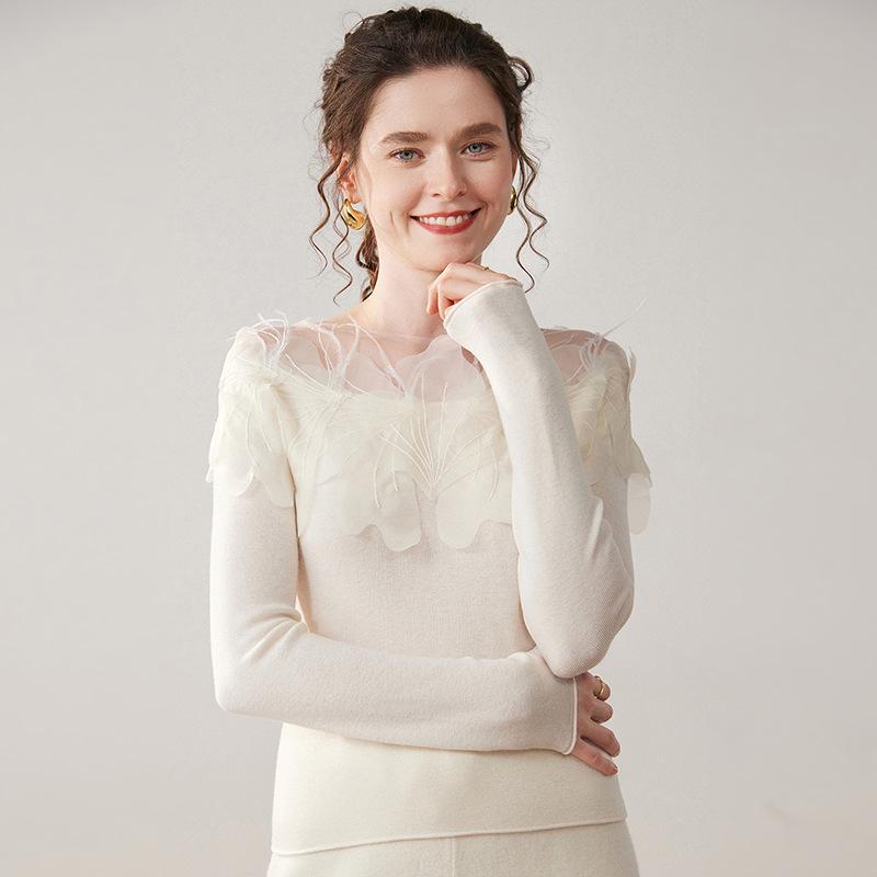Mengyi 25 Autumn/Winter Cashmere One-Shoulder Floral & Feather Patchwork Women's Base Layer