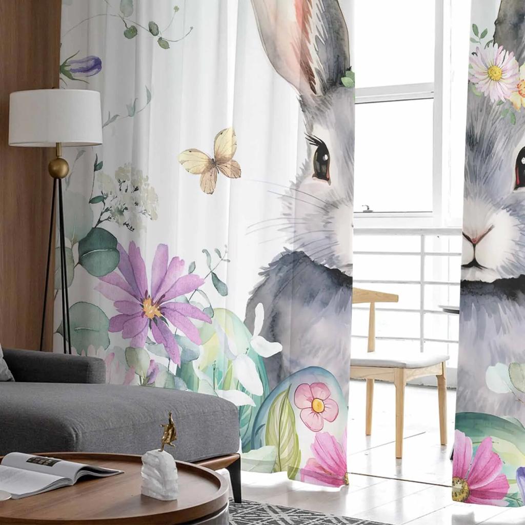 Easter Spring Flowers Bunny Tulle Curtains For Living Room Sheer Curtain For Bedroom Kitchen Blinds Voile Curtains