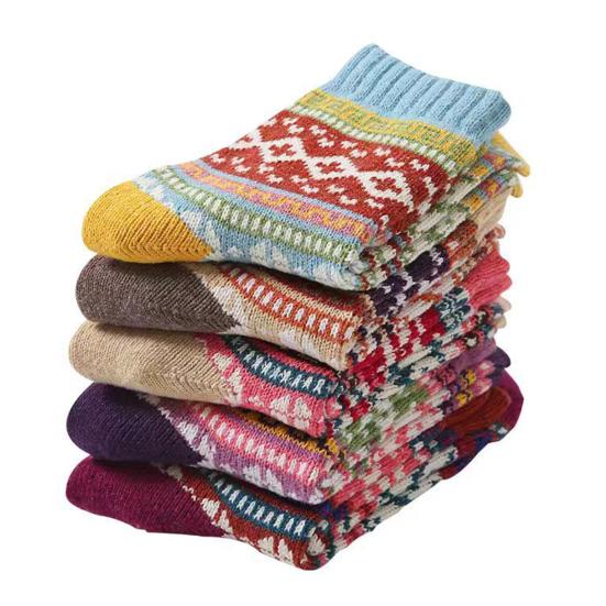 Yousheng 5 Pairs Retro Ethnic Style Socks Women Thermal Colorful Knit Thickened Crew Socks Vintage Winter Warm Boot Socks for Stocking Stuffers Gifts