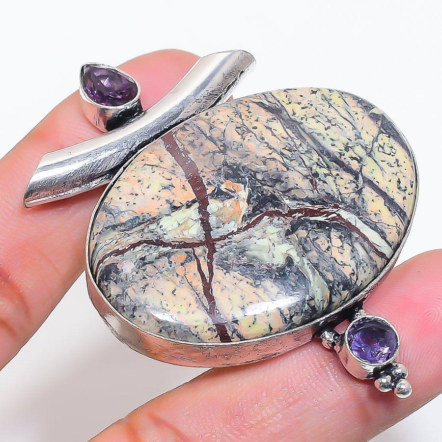 Natural Honey Dendritic Gemstone 925 Sterling Silver Jewelry Pendant 2.40" AP-14082