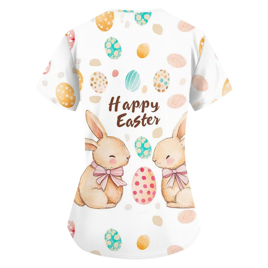 Kvinnemote V-hals kortermet arbeidstøy med lommer trykte topper