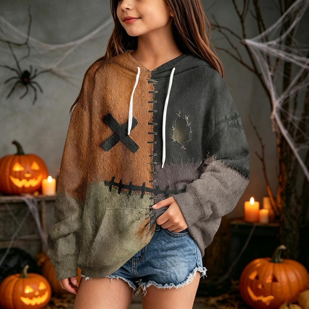 Kids Casual Hooded Sweatshirt with Halloween Print Pullover for Daily Wear