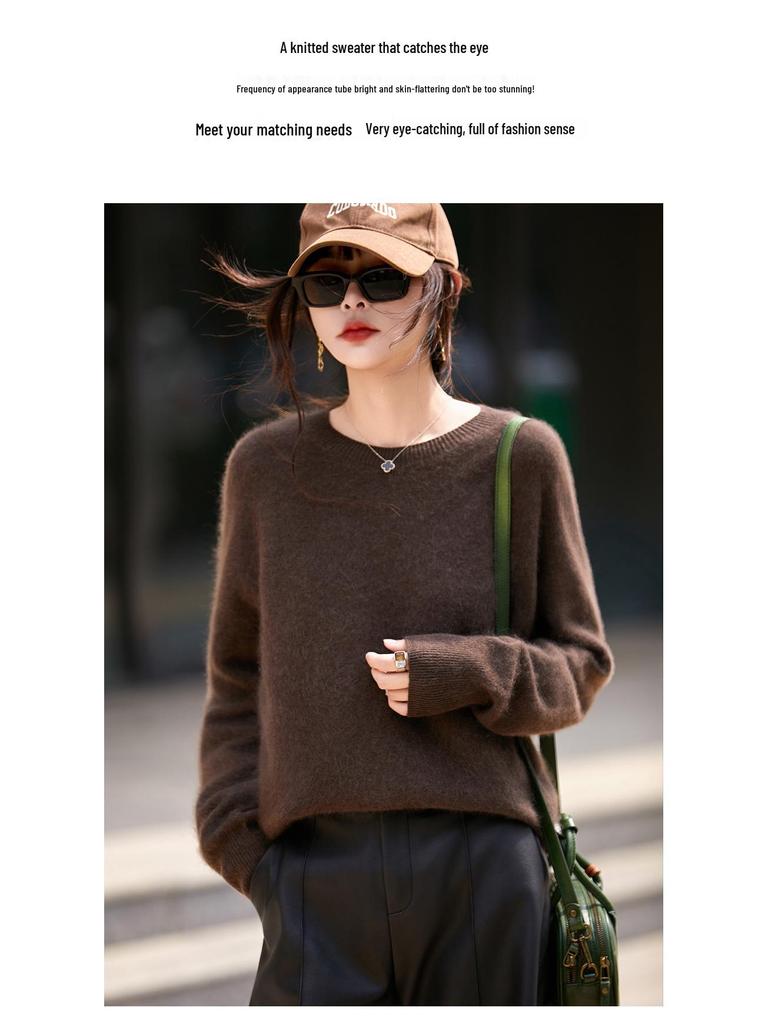 Women's Seamless Cashmere Wool Blend Crew Neck Sweater - Brushed Knit One-Piece Base Layer for Fall/Winter
