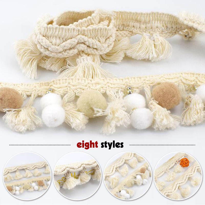 1 Yard White Cotton Tassel Lace Trim Webbing Fabric Handmade Beaded Ball Diy Curtain Clothing Sewing Craft Accessory
