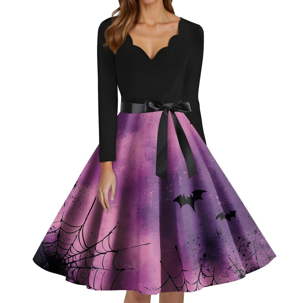 Women's Fashion V-Neck Casual Slim Fit Halloween Printed Long Sleeve Dress