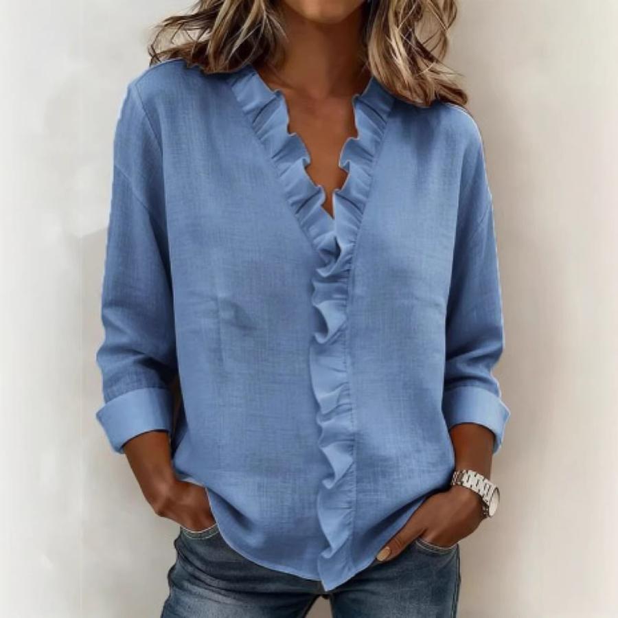 Spring Women's Wood Ear Trim Long Sleeve Cotton Shirt