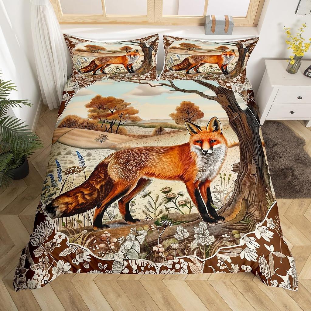 Kids Fox Bedding Set Toddler Natural Floral Comforter Cover Set for Boys Girls Blossom Flowers Pattern Duvet Cover