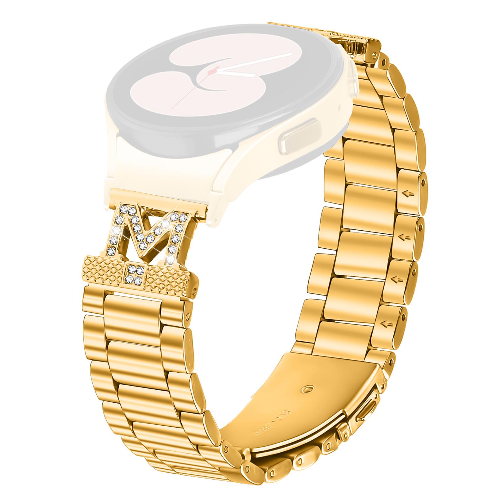 

Ремінець для годинника з конектором для Samsung Galaxy Watch7 40мм 44мм, прикрашений стразами, 3-ланковий ремінець з нержавіючої сталі Gold