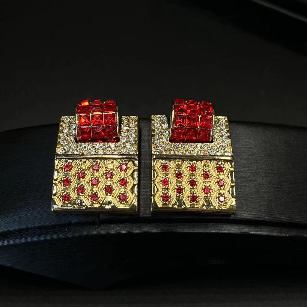 Vintage Antique Square Gold Full Zirconia Earrings European Niche Design Geometric Retro