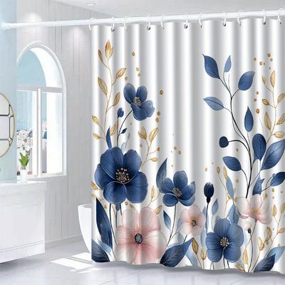 1 Duschvorhang mit blauem Blumenmuster und Haken, Badezimmertrennwände, Badezimmeraccessoires, Heimdekoration