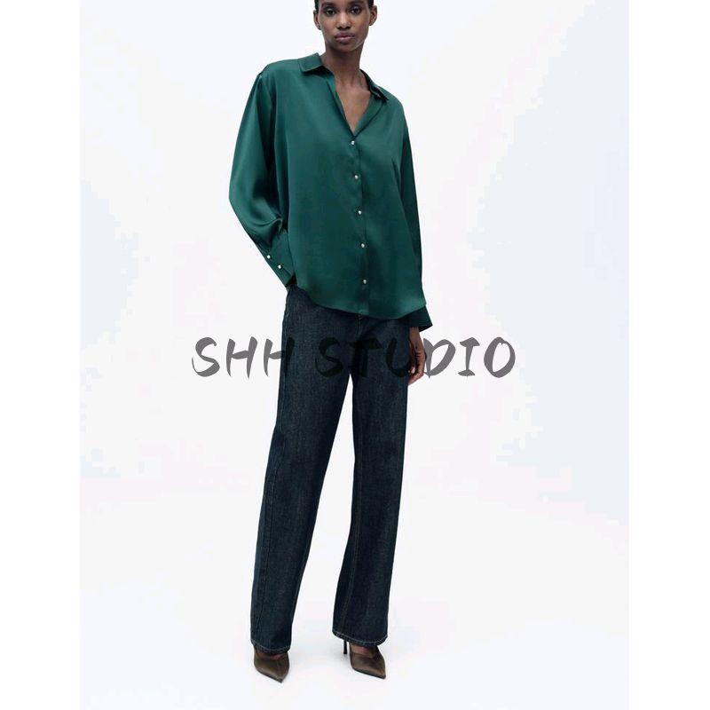 Spring New Women's Clothing French Style Retro Lapels Long Sleeves Minimalist Easiest for Match Silk Satin Textured Shirt 2074580