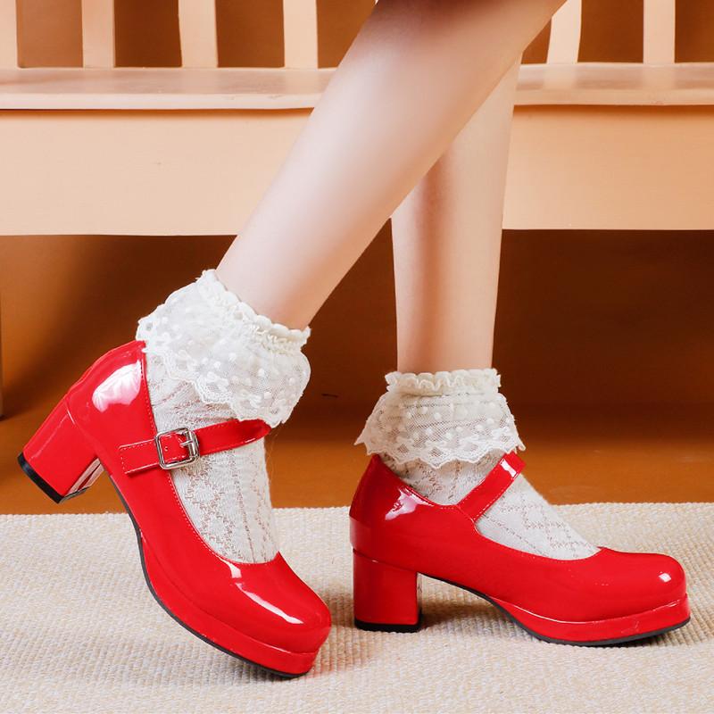 Fashion Elegant Medium Heels Lolita Mary Janes Shoes Women Straps Girls Fashion Red Yellow Heeled Pumps Party Dance Wedding Shoes Ladies