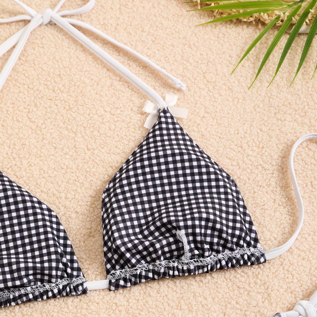 2025 Plaid Bow Bikini: Fresh Women's Two-Piece Tie-Up Swimwear for Spring
