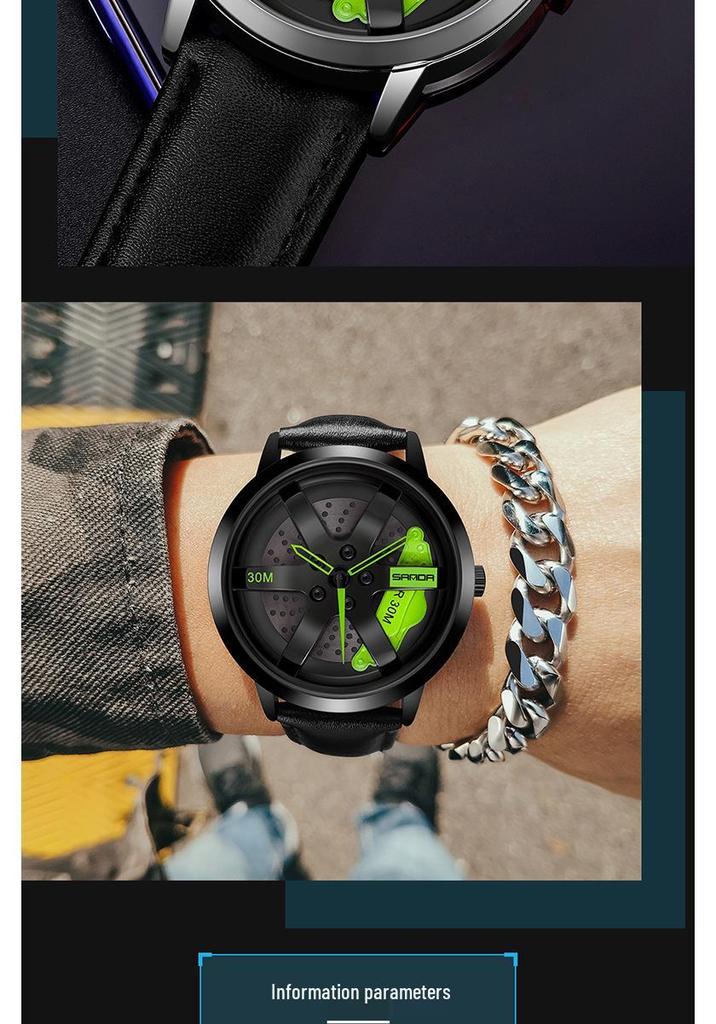 Sanda Cool Men's 3D Hollow Car Wheel Leather Strap Quartz Watch