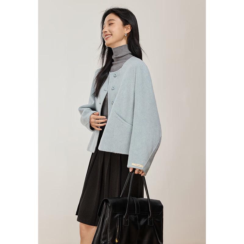 VICTORIA&VERA Women's Contrast Cuff Wool Blend Short Coat