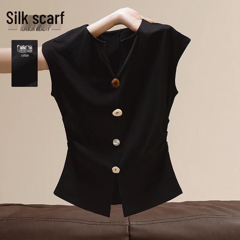 Women s Solid Color Button-Detail Sleeveless T-Shirt L