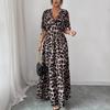 Elegant Leopard Print Deep V-neck Maxi Long Dress Summer Short Sleeve Party Dress A-line Casual Slim Loose Simple Drawstring Waist-cinching Clothes