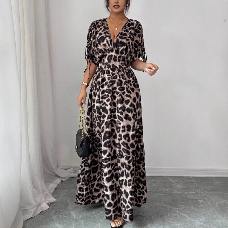 Elegant Leopard Print Deep V-neck Maxi Long Dress Summer Short Sleeve Party Dress A-line Casual Slim Loose Simple Drawstring Waist-cinching Clothes