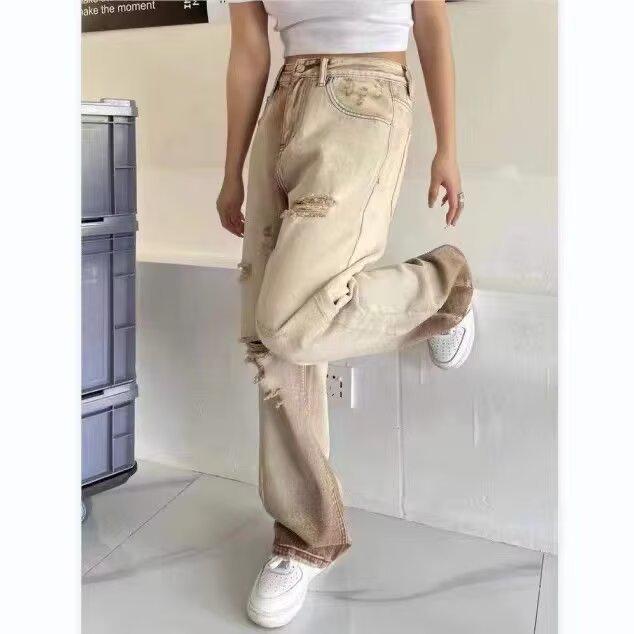 

Vintage Distressed Coffee Ripped Jeans - Retro Brown Straight-Leg Women s Pants L