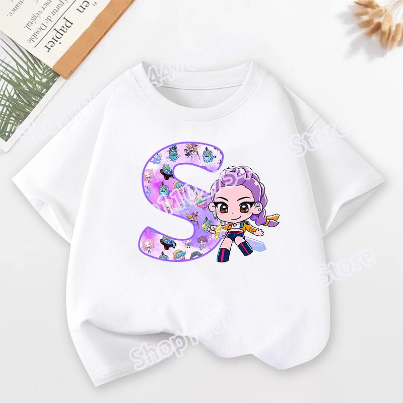 KPop Demon Hunters Child Short Sleeve T-shirt Cartoon Rumi Mira Zoey A-Z Print Cotton Tops Kawaii Summer Casual Tees Kids Gifts