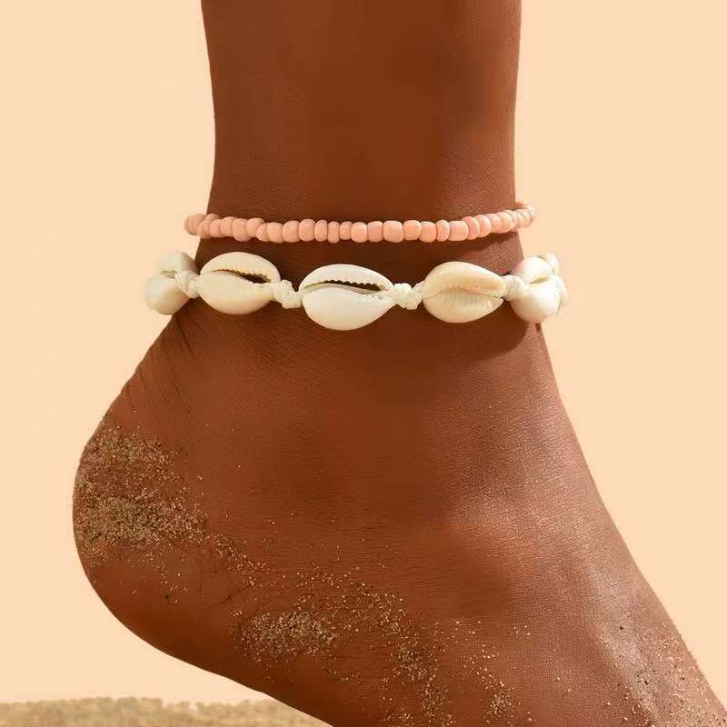 2PCS Summer Beach Anklet Handwoven Adjustable Shell Glass Bead Jewelry For Men Women Stackable Bohemian Vacation Accessories