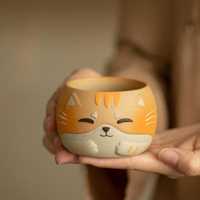 Katzen-Thema Handgefertigte Keramik Meistertasse für Gongfu Tee Niedlicher Gemütlicher Begleiter Heimgebrauch Persönliches Tee-Ritual Geschenk