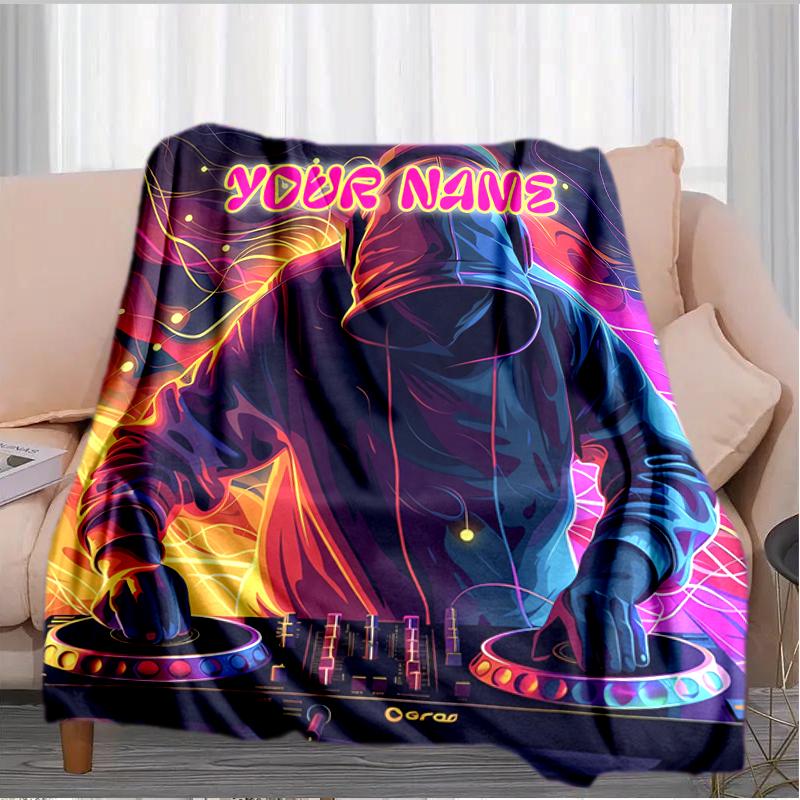 1PC Custom Name DJ Neon Lights flannel blanket versatile,all-season throw suitable for the living room,bedroom,camping,travel,and gift