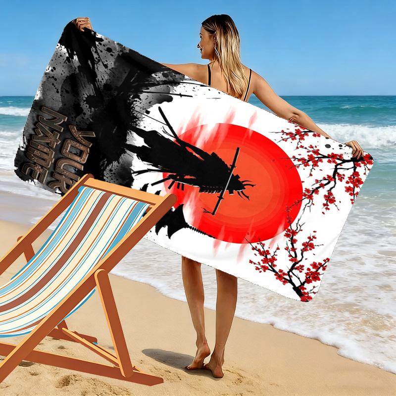 Name Custom Japanese Samurai Print Beach Towel, Large Soft Quick Dry Towel for Beach Camping Swimming