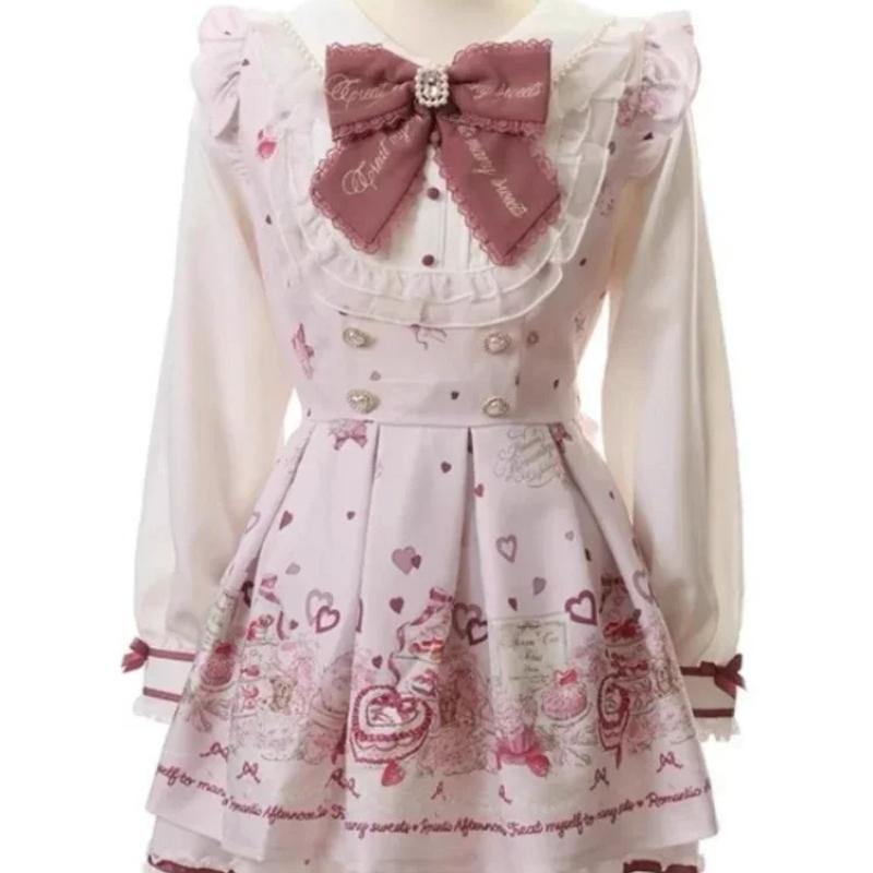 Japanese Y2 Aesthetics Vintage Bow Dress Shorts Set Women Gothic Lolita Style Long Sleeve Shirt Dress Elegant Party Dress Suits