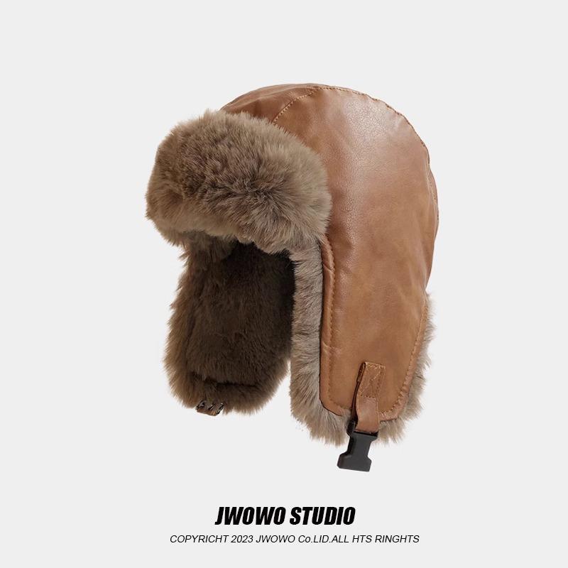 Autumn and winter hats women's leather plush winter warm outdoor cold thickened ear hats men