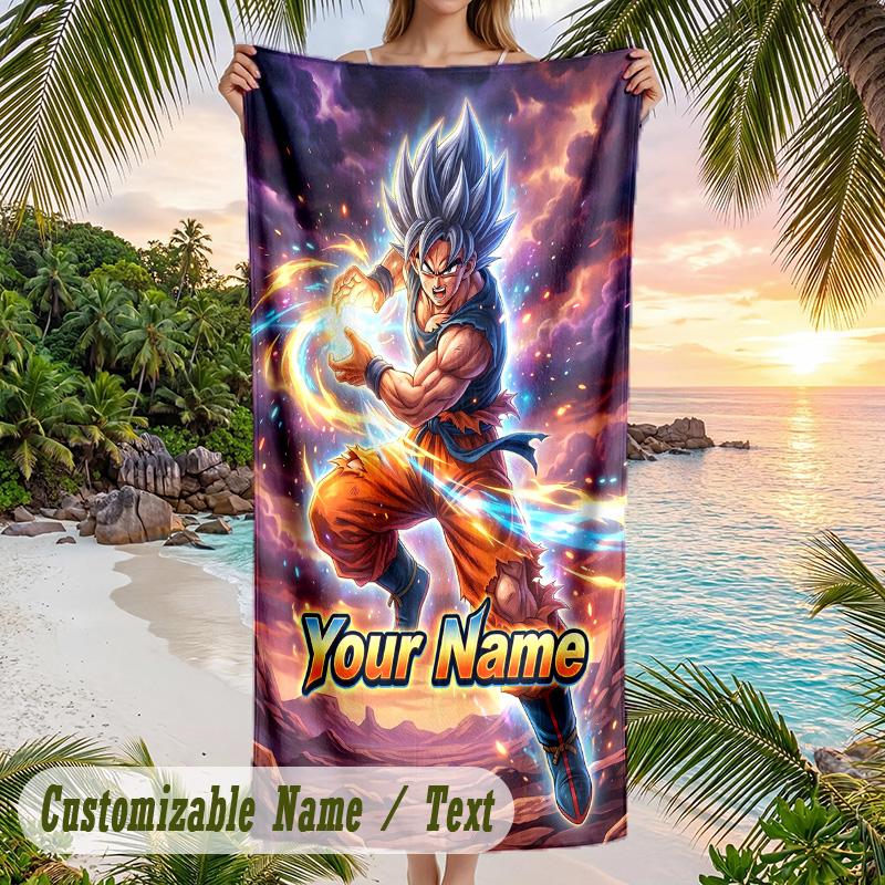 Dragon Ball Beach Towel, Personalized Custom Name Text, Quick Dry Large Absorbent Towel For Beach Pool
