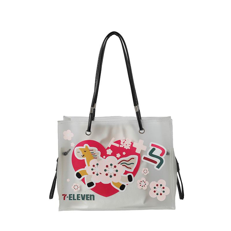 

Summer Cartoon Horse Print Transparent PVC Tote Bags Elegant Large Capacity Jelly Handbag Sweet Youth Shoulder Bag for Women