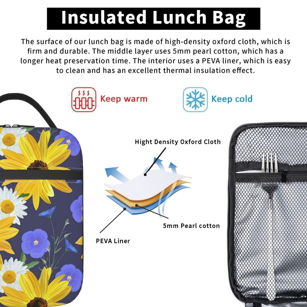Sunflower Pattern Insulated Lunch Bag for Women Kids Portable Food Boxes Thermal Lunch Box Tote