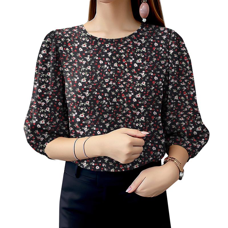 

ZANZEA Женская повседневная блузка с круглым вырезом и рукавом 3/4 с цветочным принтом чёрный