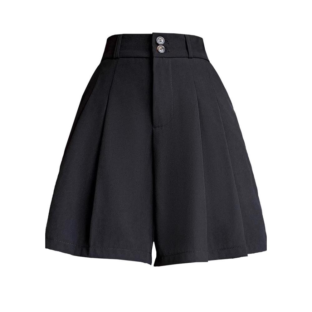 Autumn 2024 High-Waisted Petite Pleated A-Line Culottes - Black Wide-Leg Women's Shorts