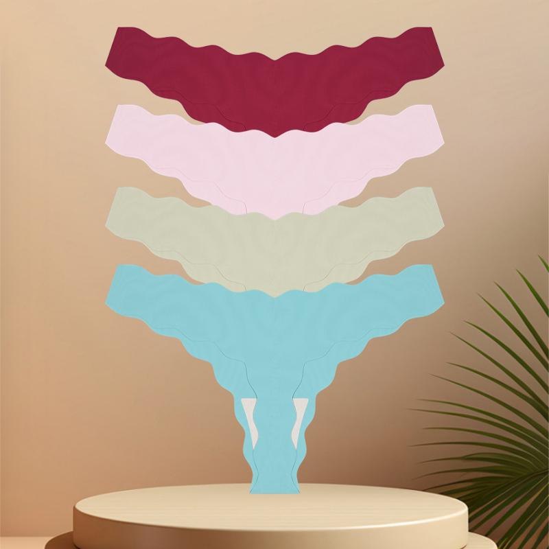4 Stück Nahtlose Damen-Tangas Sexy Eisseide Wellengürtel Höschen Niedrige Taille Unsichtbarer G-String Dehnbarer T-Rücken Atmungsaktive Lingerie