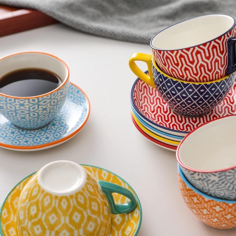 Ceramic 8 Oz Cappuccino Cup Set with Saucers, Espresso Coffee Cups, Latte Macchiato for Party Cafe Home, Set of 6
